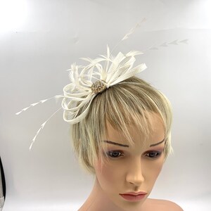 Pode incluir: Um pente de cabelo de penas brancas com um enfeite de strass. O pente &eacute; projetado para um casamento ou ocasi&atilde;o especial.