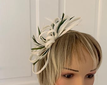 Ivory & olive green  feather  fascinator, small ivory/olive green headpiece, elegant ivory and s green fascinator, dainty ivory fascinator