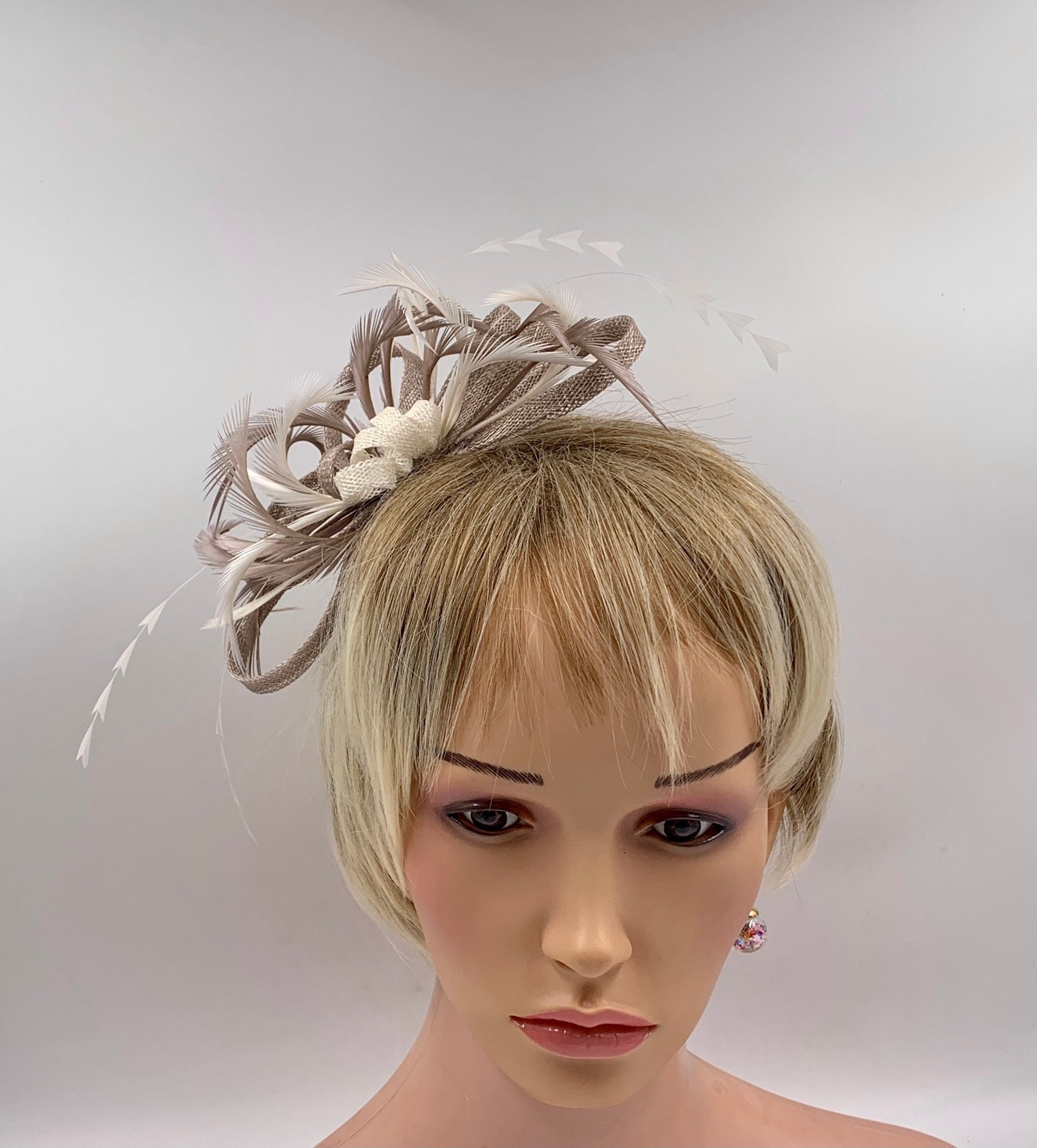 Taupe \u0026 Ivory Feather Fascinator Taupe 