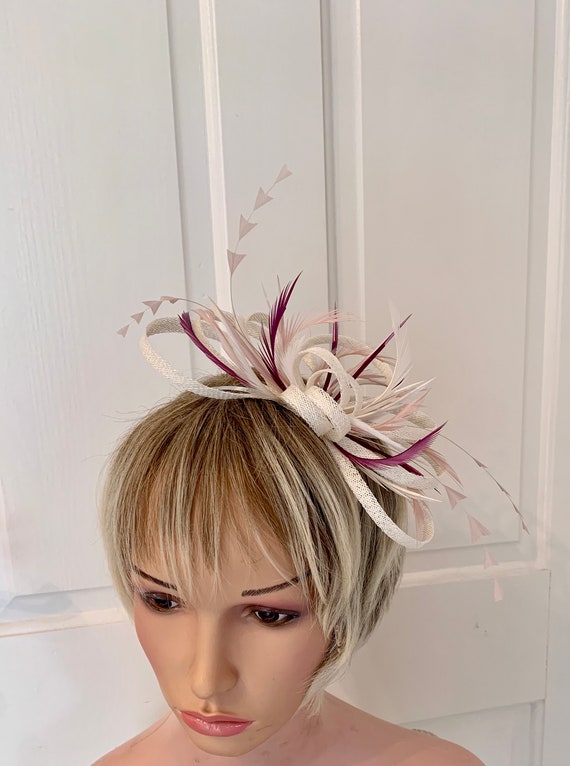 Ivory , Blush Pink and Amethyst Feather Fascinator, Ivory  display picture 2