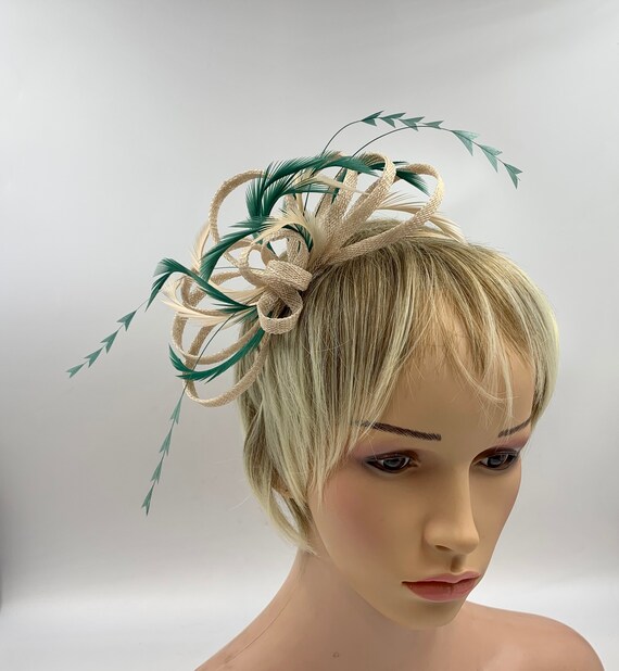 Emerald Green and Nude Feather Fascinator, Elegant Small  display picture 1