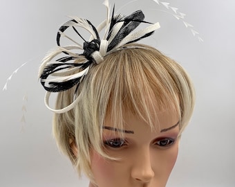 Stunning ivory and black feather fascinator, ivory and black headpiece for weddings, simple black and ivory fascinator with feathers