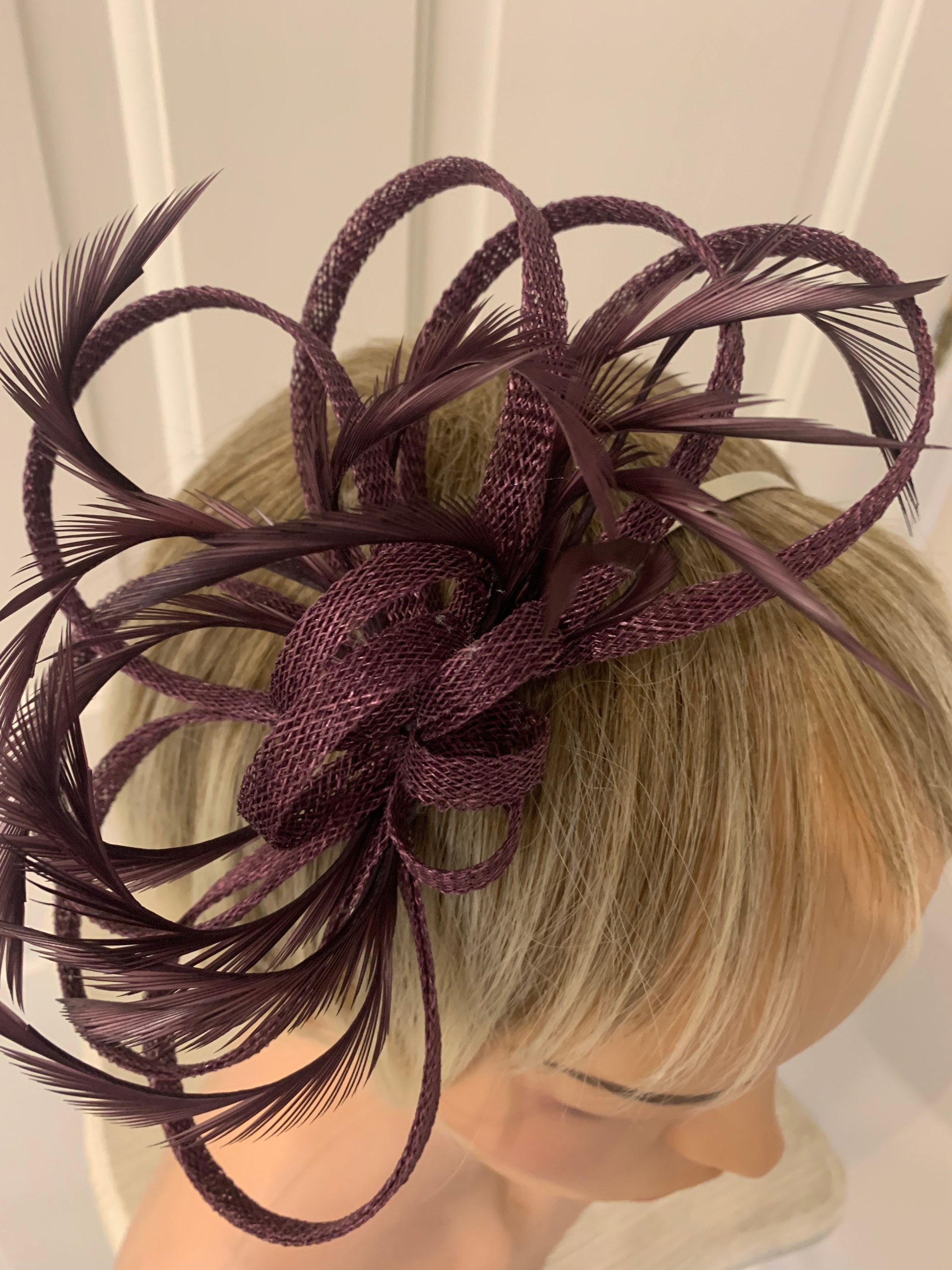 Aubergine Feather Fascinator, Small Plum Feather Fascinator 
