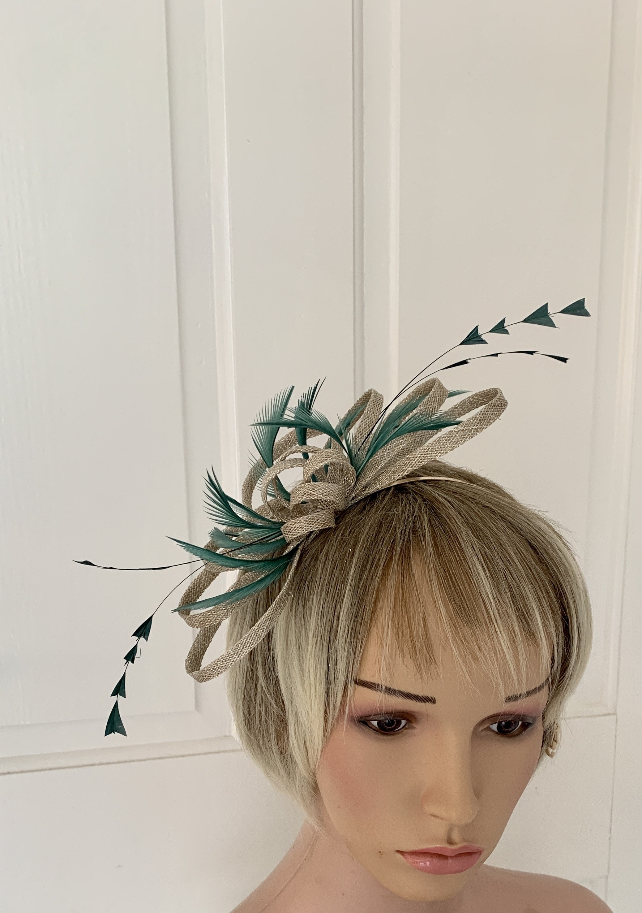 Champagne Gold & Emerald Green Feather Fascinator, Sparkley 
