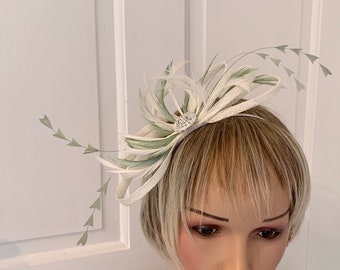 Ivory & sage green  feather  fascinator, small ivory sage headpiece, unique ivory and sage green fascinator, dainty ivory fascinator