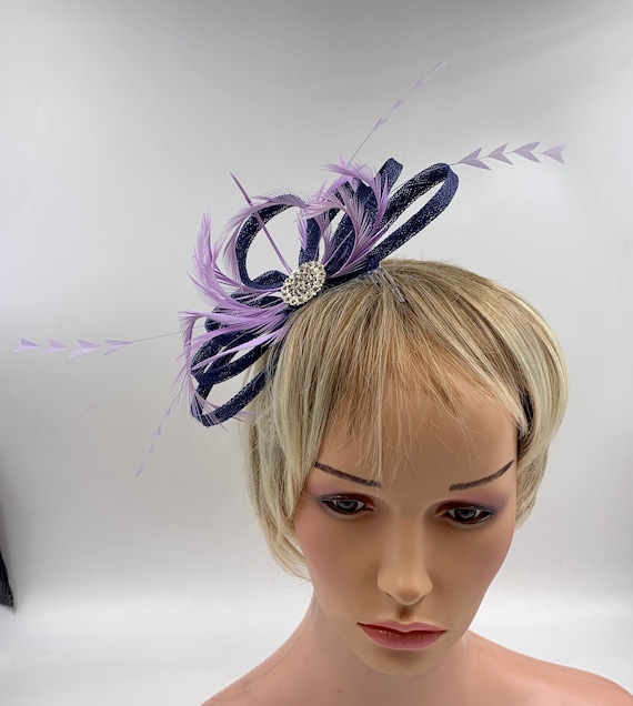 Navy and Lilac Feather Fascinator for Weddings, Navy and  display picture 3