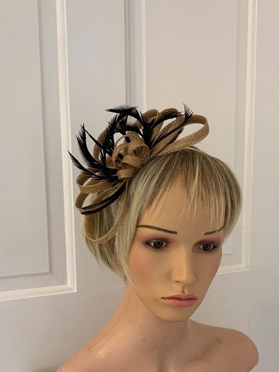 Gold & Black Fascinator on Hairband or Comb, Dark Gold  display picture 1