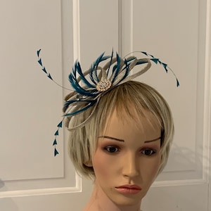 Champagne gold and teal feather fascinator made on either a hairband or comb, sparkly champagne and teal headpiece for weddings, teal hat