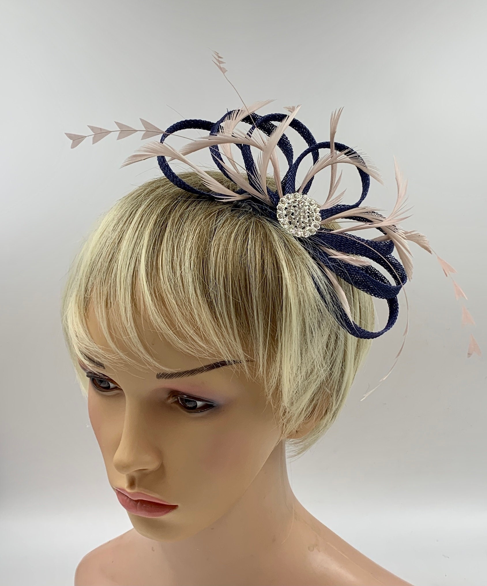 Navy and Nude Blush Pink Fascinator for Wedding Navy With Nude Blush Pink Feathers small Simple Navy and Nude Blush Pink Fascinator Etsy UK