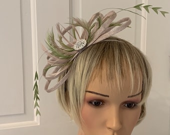 Blush nude pink and dark sage green feather fascinator, Nude pink headpiece with sage green feathers, blush nude fascinator with pale green