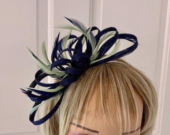Navy and sage green feather fascinator made on a comb or hairband, navy and sage green headpiece for weddings, can be made to match dress