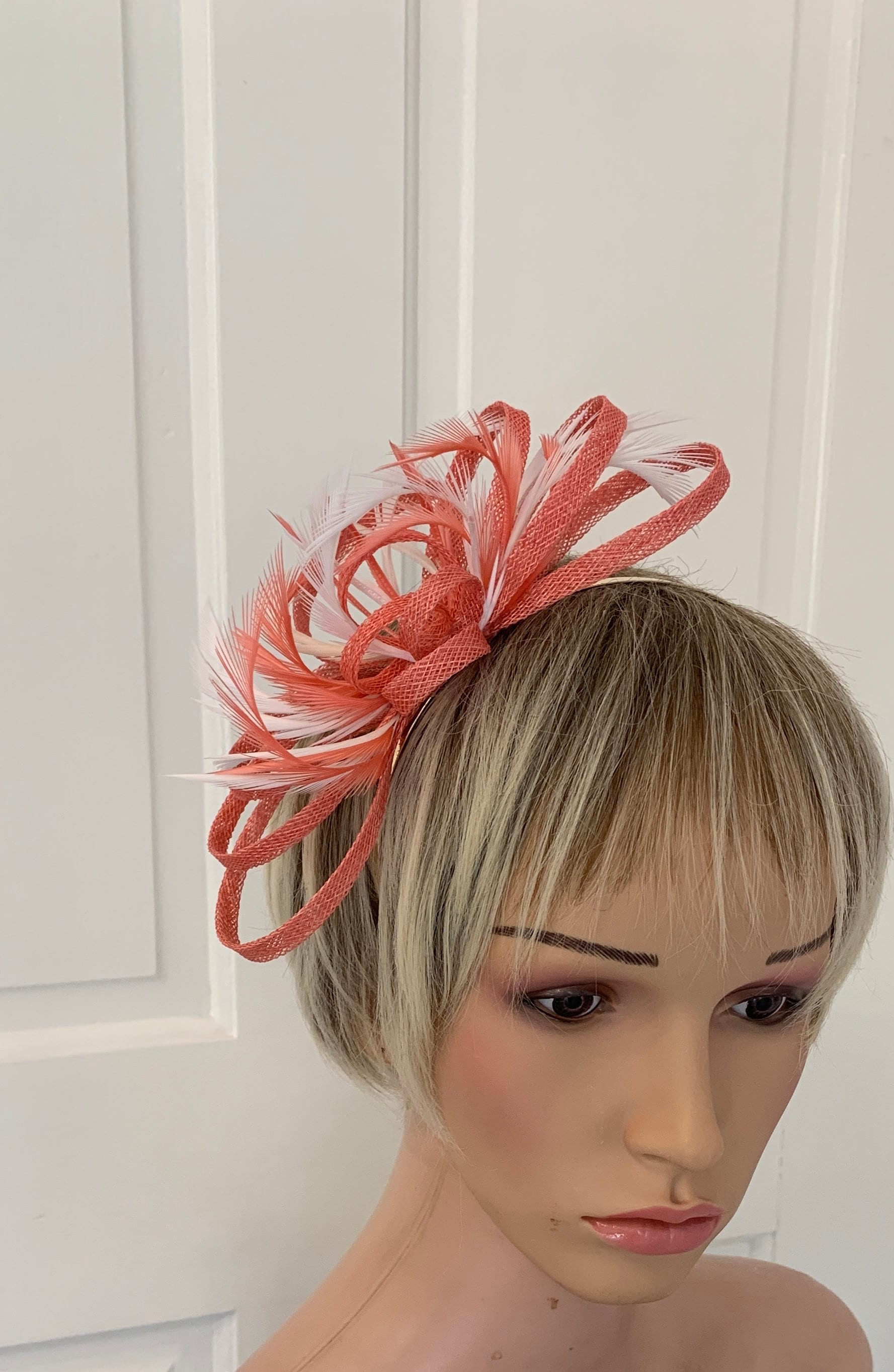 Simple Coral and White Feather Fascinator, Can Be Made to 