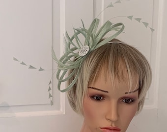 Sage green feather fascinator, small green headpiece, unique sage green fascinator, dainty green fascinator, pale green feather fascinator