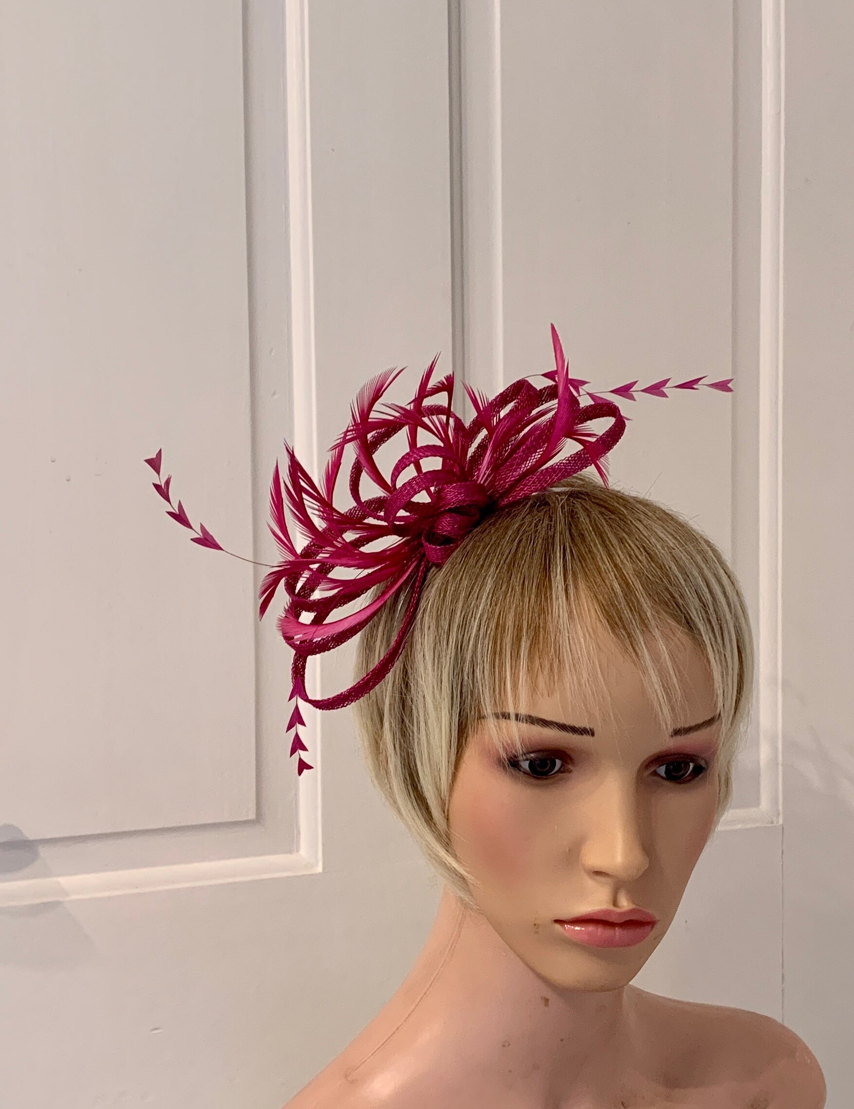 Fuchsia Pink Feather Fascinator on a Comb or Hairband, Deep  display picture 3