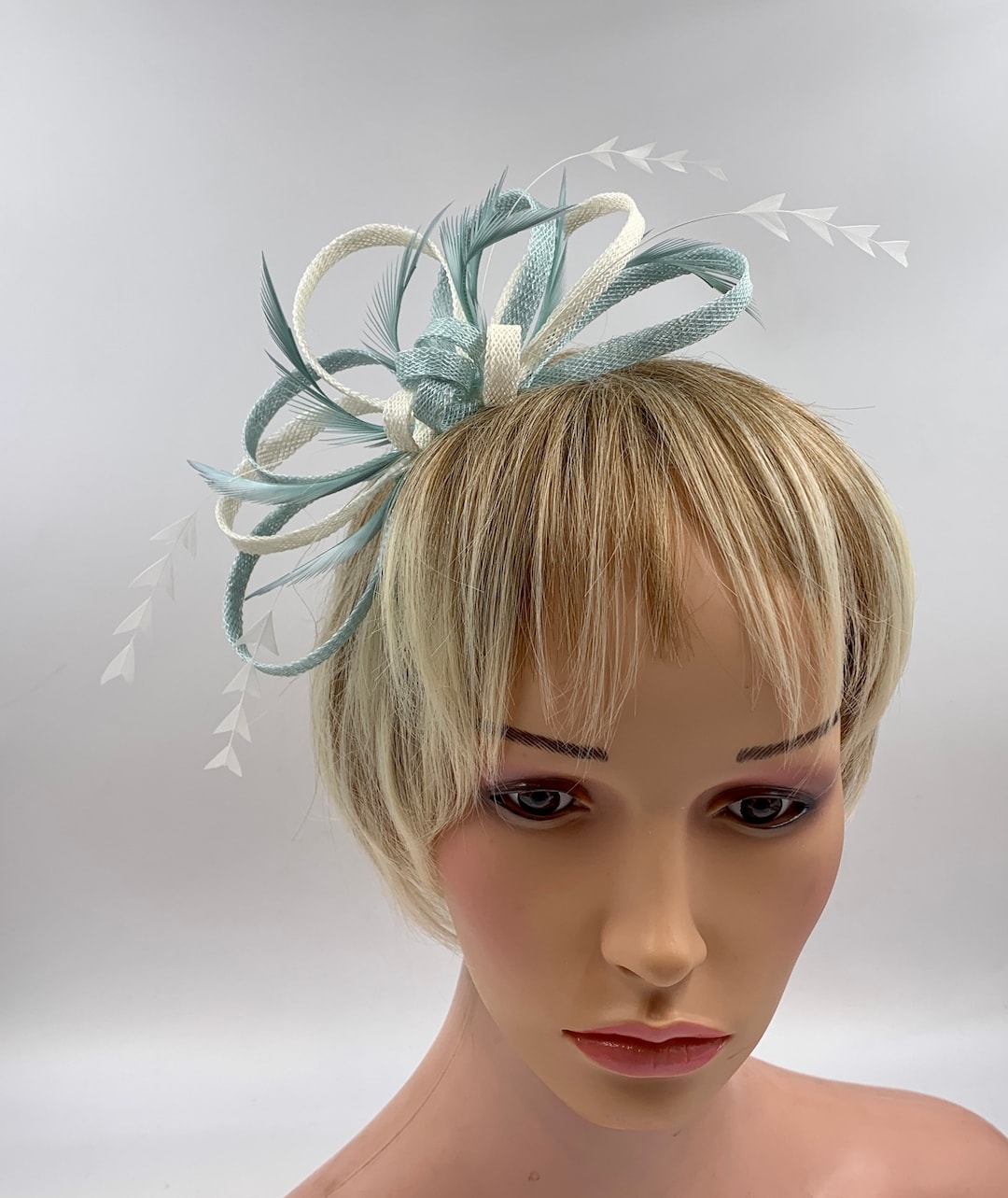 Duck Egg and Ivory Feather Fascinator, Duck Egg Blue Headpiece With