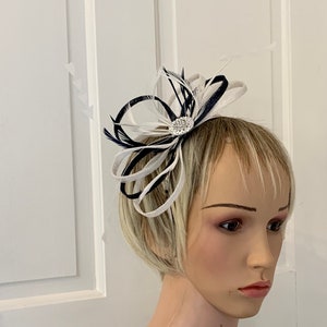 Navy and white feather fascinator, navy with white feathers simple  fascinator for weddings, white and navy feather fascinator for weddings