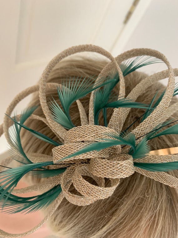 Fascinator green gold bow Parisian inspired Green and Gold Fascinator - Etsy UK main image 3