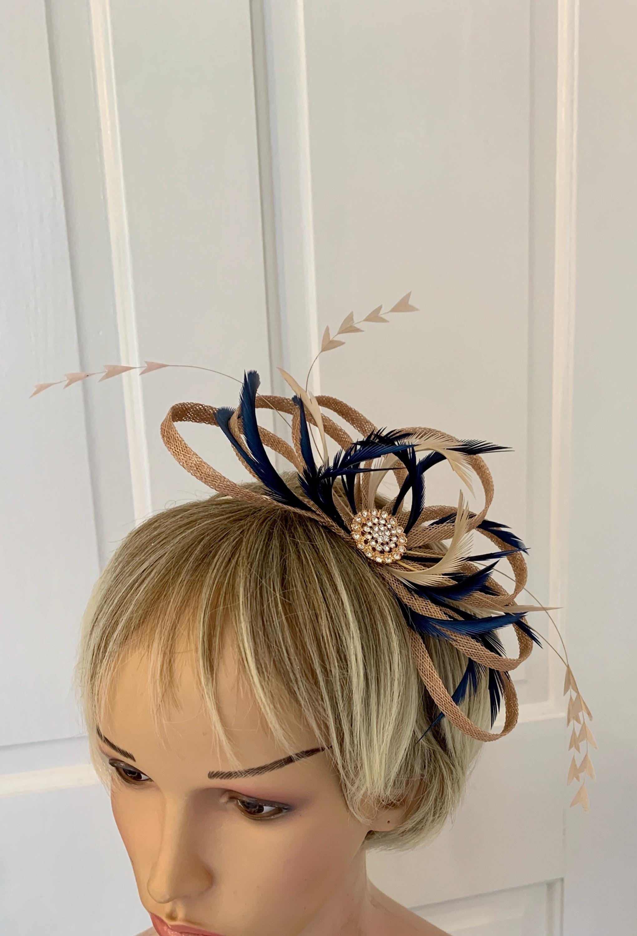 Navy ivory & gold brocade OOAK Fascinator headband or necklace statement piece Large Sinamay Navy Blue Looped Fascinator Hatinator Headband  main image 3