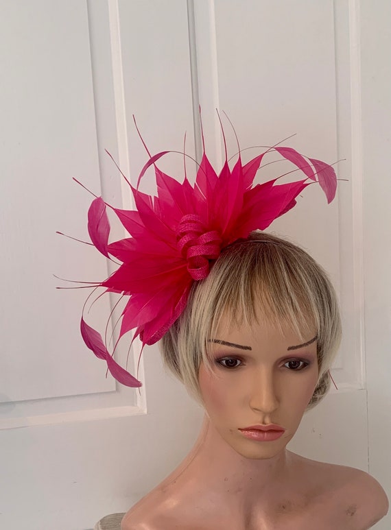 Hot Pink Feather Fascinator on Thin Hairband, Cerise Pink  display picture 3