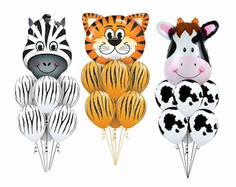 Animal Set Cow Tiger Zebra - Large Foil Balloon + Latex Balloons