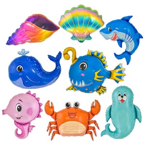 May include: A set of nine colourful inflatable sea creature balloons. The balloons include a blue whale, a blue anglerfish, a pink seahorse, a blue shark, a blue and green seashell, a blue and orange crab, and a teal seal.