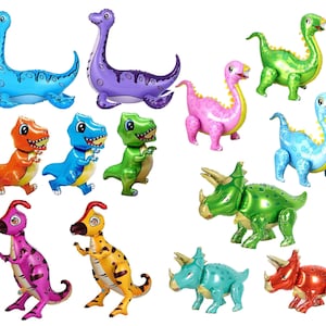 May include: A set of 12 colourful dinosaur and triceratops balloon animals. The balloons are made of foil and have a shiny finish. The dinosaurs are in various poses, including standing, sitting, and walking. The colours include blue, purple, pink, green, orange, yellow, and red.