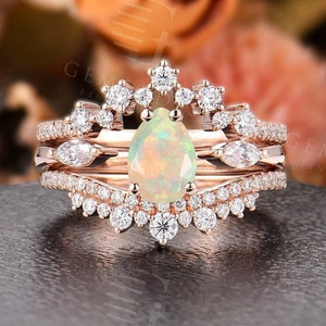 Vintage Ethiopian opal Engagement ring set| Art deco pear shaped wedding set | Moissanite bridal set | Anniversary promise ring set