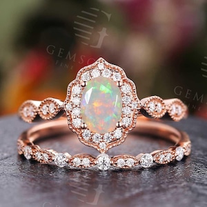 Ethiopian Opal Engagement Ring,Rose Gold Women Antique Oval Cut Halo Moissanite Engraving Milgrain Ring,Stacking Bridal Set,Anniversary Ring