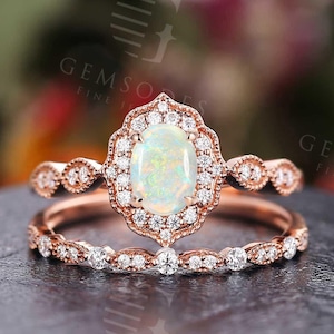 Vintage Opal Engagement Ring Set,Rose Gold Ring,Art Deco Moissanite Halo Ring,Antique Oval Cut Halo Diamond Ring Unique Milgrain Bridal Set