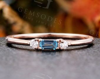 Vintage London Blue Topaz Wedding Band,Delicate Emerald Cut Engagement Band,Stacking Matching Ring,Minimalist Anniversary Promise Ring