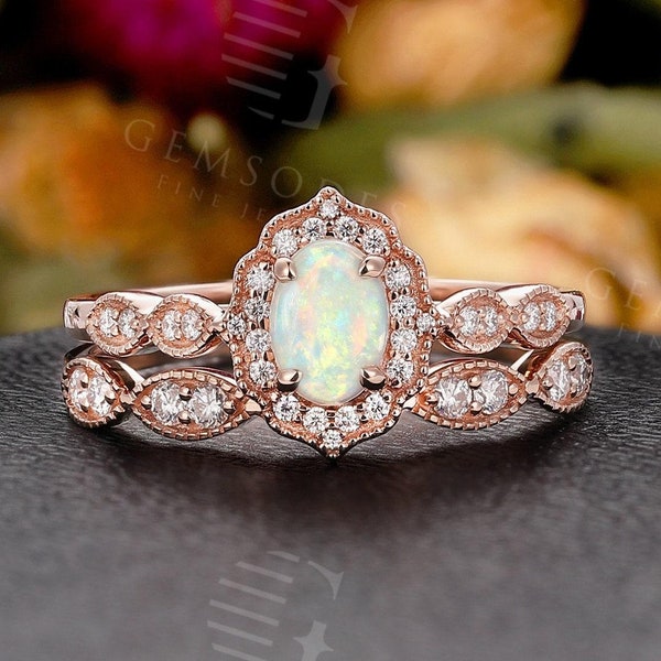 Vintage Natural Opal Engagement Ring Set- Unique Rose Gold Moissanite Halo Wedding Rings Set