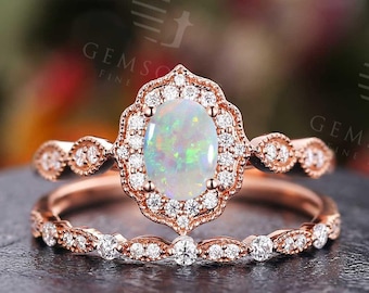 Vintage Opal Engagement Ring set Rose Gold ring Art deco moissanite ring Antique Oval cut Halo Diamond ring Milgrain Bridal set Anniversary