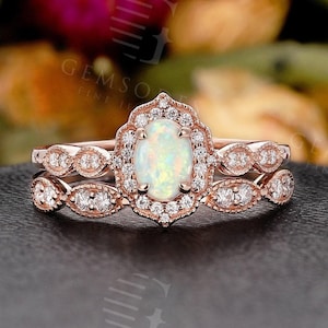 Rose Gold White Opal Engagement Ring set Vintage Diamond Wedding set Oval cut Antique Unique Milgrain Unique Anniversary rings