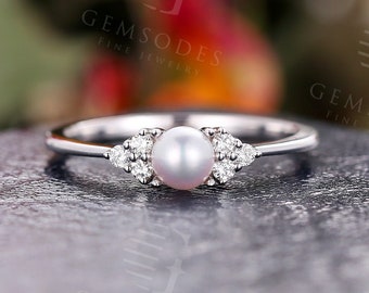 Art deco Akoya Pearl engagement ring White Gold Diamond Wedding Women, Unique Bridal Simple Minimalist Promise Ring Anniversary ring