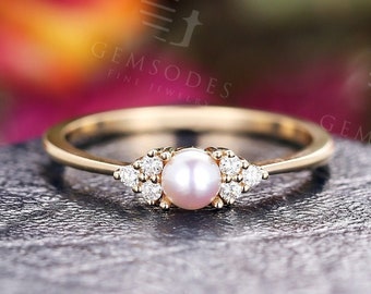 Akoya Pearl Engagement Ring Rose Gold Diamond Simple Wedding - Etsy
