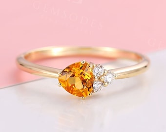 Rose Gold Engagement ring Citrine Unique Vintage Antique Cluster Women Diamond Wedding Triangle Bridal Set Jewelry Anniversary ring