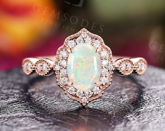 Opal Engagement Ring Vintage engagement ring Rose Gold Diamond Wedding Oval Antique Unique Milgrain Unique Halo Anniversary ring