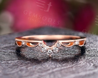 Antique Diamond Curved Wedding Band,Rose Gold Diamond Ring,Unique Bridal Simple Matching Stackable Ring,Anniversary Promise Ring For Women