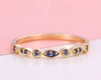 Vintage Natural Sapphire Wedding Band Women Marquise cut Rose gold wedding ring, Unique Stacking Bridal ring Promise Ring Anniversary ring