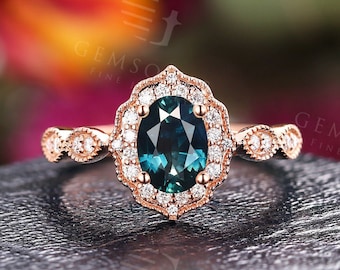 Vintage Blue green Natural Sapphire engagement ring| Rose gold teal sapphire milgrain engagement ring | Antique diamond wedding ring