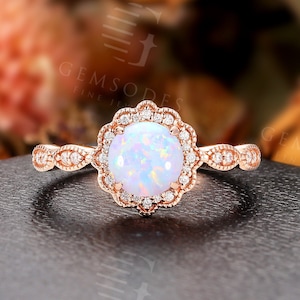 Vintage Lab Opal Engagement Ring| Art deco Diamond Moissanite wedding ring| Rose gold Milgrain ring| Unique Anniversary promise ring