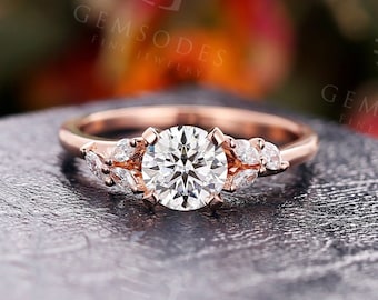 Vintage Moissanite Engagement Ring Round engagement ring Rose Gold art deco ring unique ring prong set moissanite ring Anniversary ring