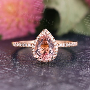 Morganite engagement ring rose gold pear shaped vintage Moissanite Unique Bridal ring Diamond half eternity anniversary ring