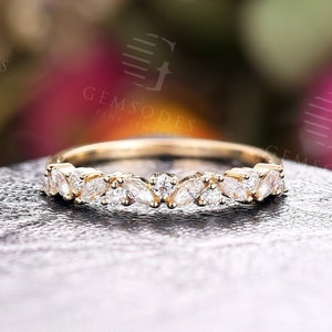 Vintage 14K Gold Moissanite Marquise Cut Wedding Band,Rose Gold Stacking Ring,Unique Wedding Ring,Women Promise Ring,Anniversary Bridal Band