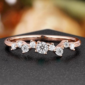 Minimalist Moissanite Wedding Ring Women Solid Gold Stacking Wedding Band Dainty Cluster Ring Unique Promise Ring Anniversary Gift For Her