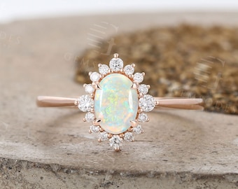 Vintage Natural Opal Engagement Ring art deco Rose Gold ring Oval cut Bridal ring moissanite ring Diamond Prong set Ring Anniversary ring