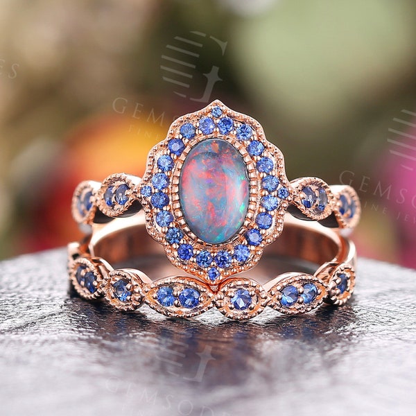 Black Opal engagement ring set rose gold milgrain sapphire ring set art deco wedding vintage Antique Unique Bridal Anniversary ring set