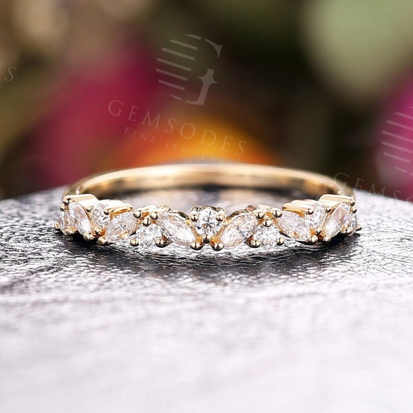 Vintage Moissanite Marquise cut Wedding Band Rose Gold engagement band Round cut wedding ring Women promise ring anniversary bridal band