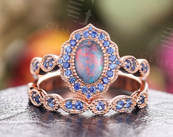 Black Opal engagement ring set rose gold milgrain sapphire ring set art deco wedding vintage Antique Unique Bridal Anniversary ring set