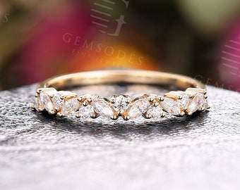 Vintage Moissanite Marquise cut Wedding Band Rose Gold engagement band Women half eternity band promise ring anniversary band ring